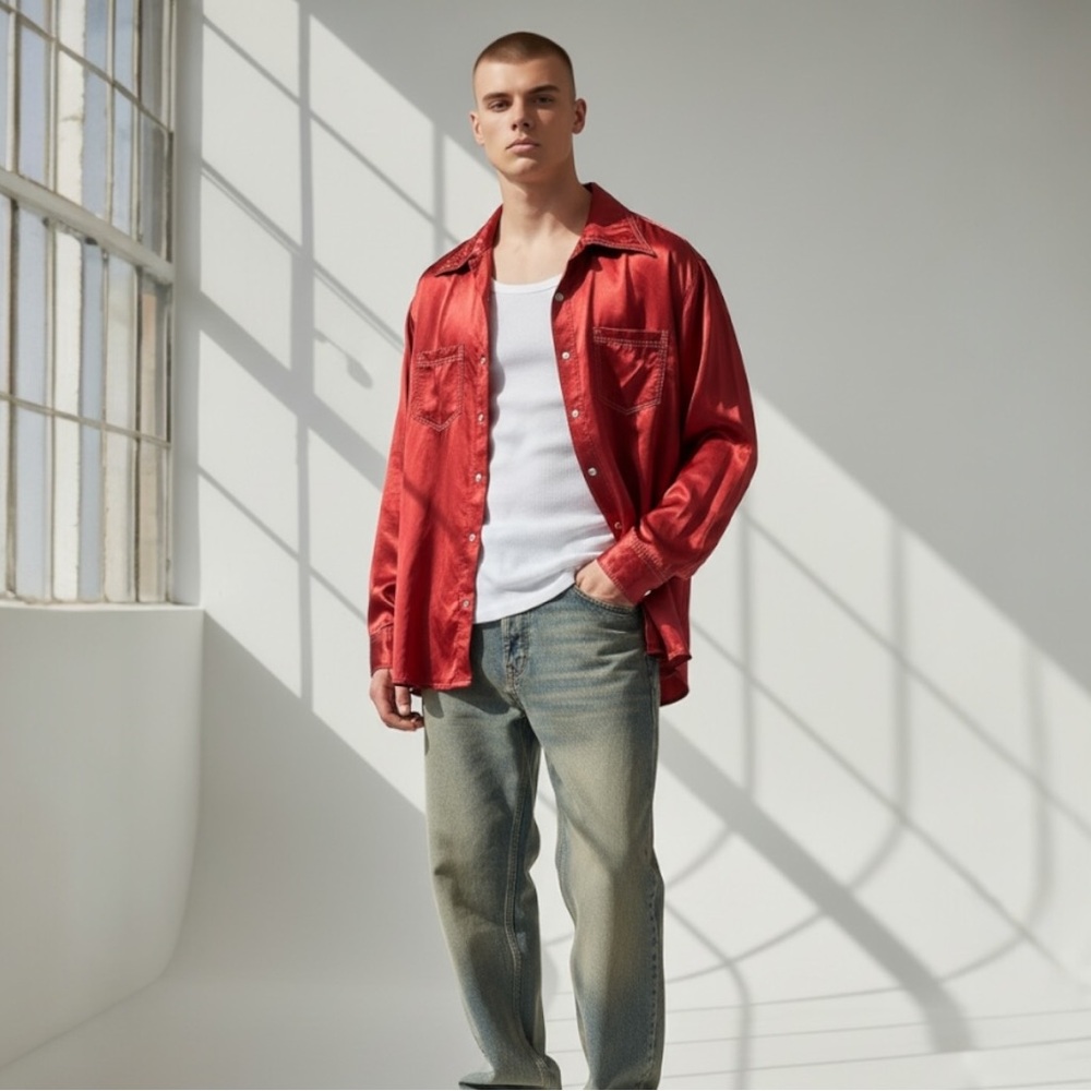 Vintage Diesel IND Industry U.H.T Long Life Satin Shirt Y2K Red Men’s L